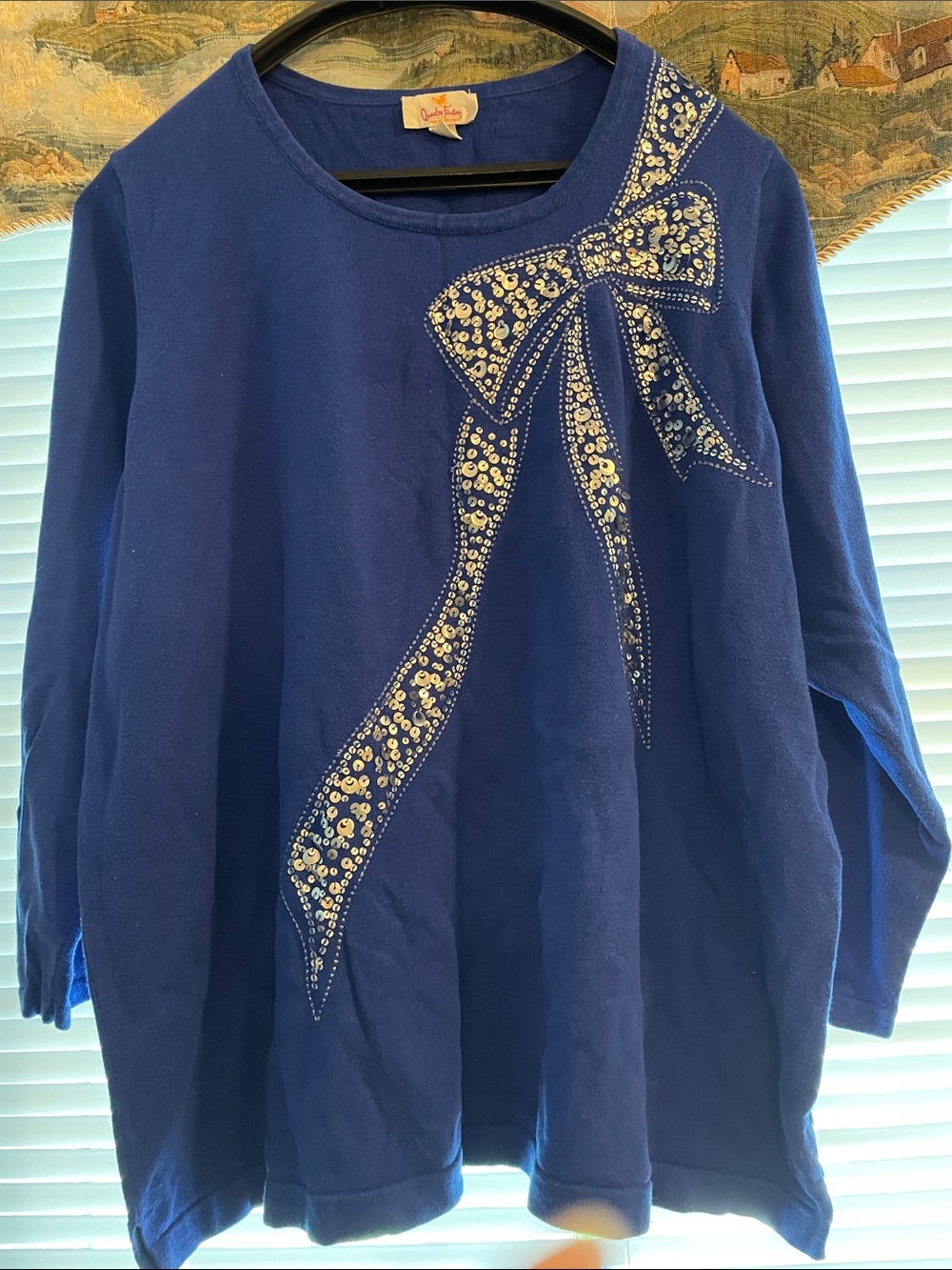 Quacker Factory Royal Blue Sweater with Sequin Bow Accent